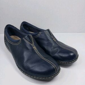 Clarks Ashland Joy Womens size 9.5 Loafer Navy Blue Leather Slip-On Ortho Shoes